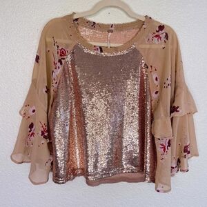 Free People Rose Gold Sequin Front Floral Bell Sleeve Blouse